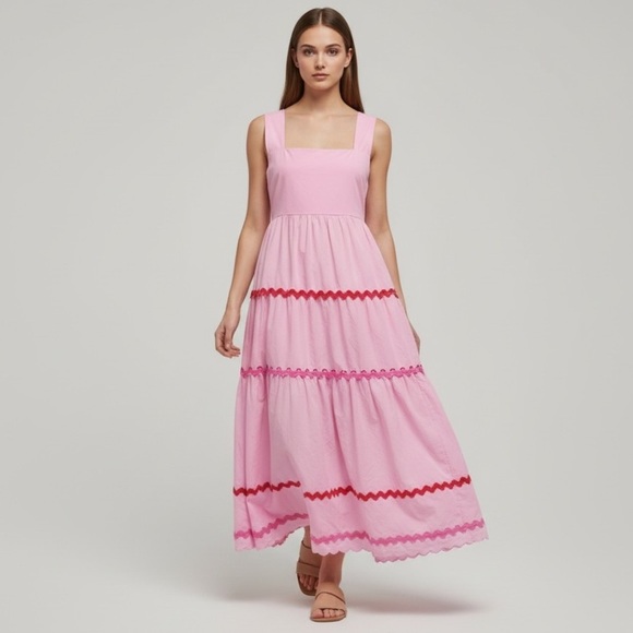 Day + Moon Dresses & Skirts - 🌻Day + Moon Pink Ric Rac Embroidered Midi Length Dress Size Large